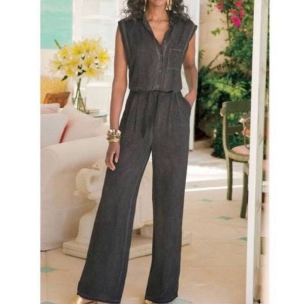 Soft Surroundings Camilla Jumpsuit Grey Sleeveless Tie Front Size Large NWT